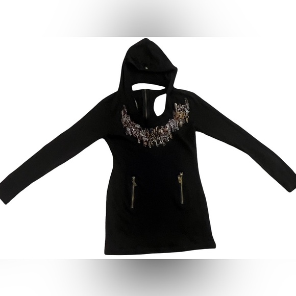 Apple Bottoms Women’s Black Hooded Tunic Dress Cutout Neck Rhinestones. Size:L. - Picture 4 of 10